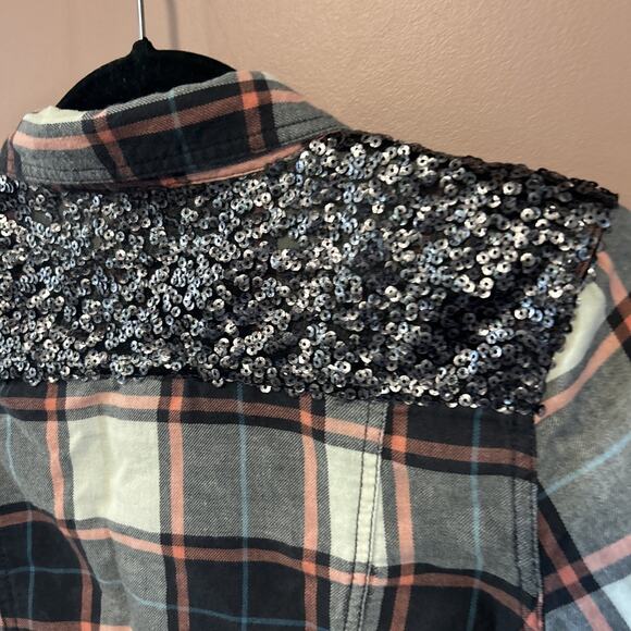 Harley Davidson Orange Black Plaid Shirt Sequins Small Women’s Top Button Up - Picture 6 of 6
